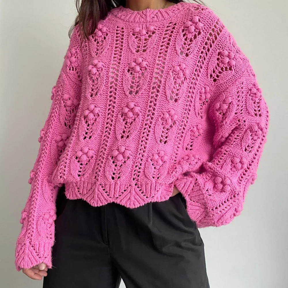 Zara Women pink pom pom knit slouchy sweater - Picture 8 of 10